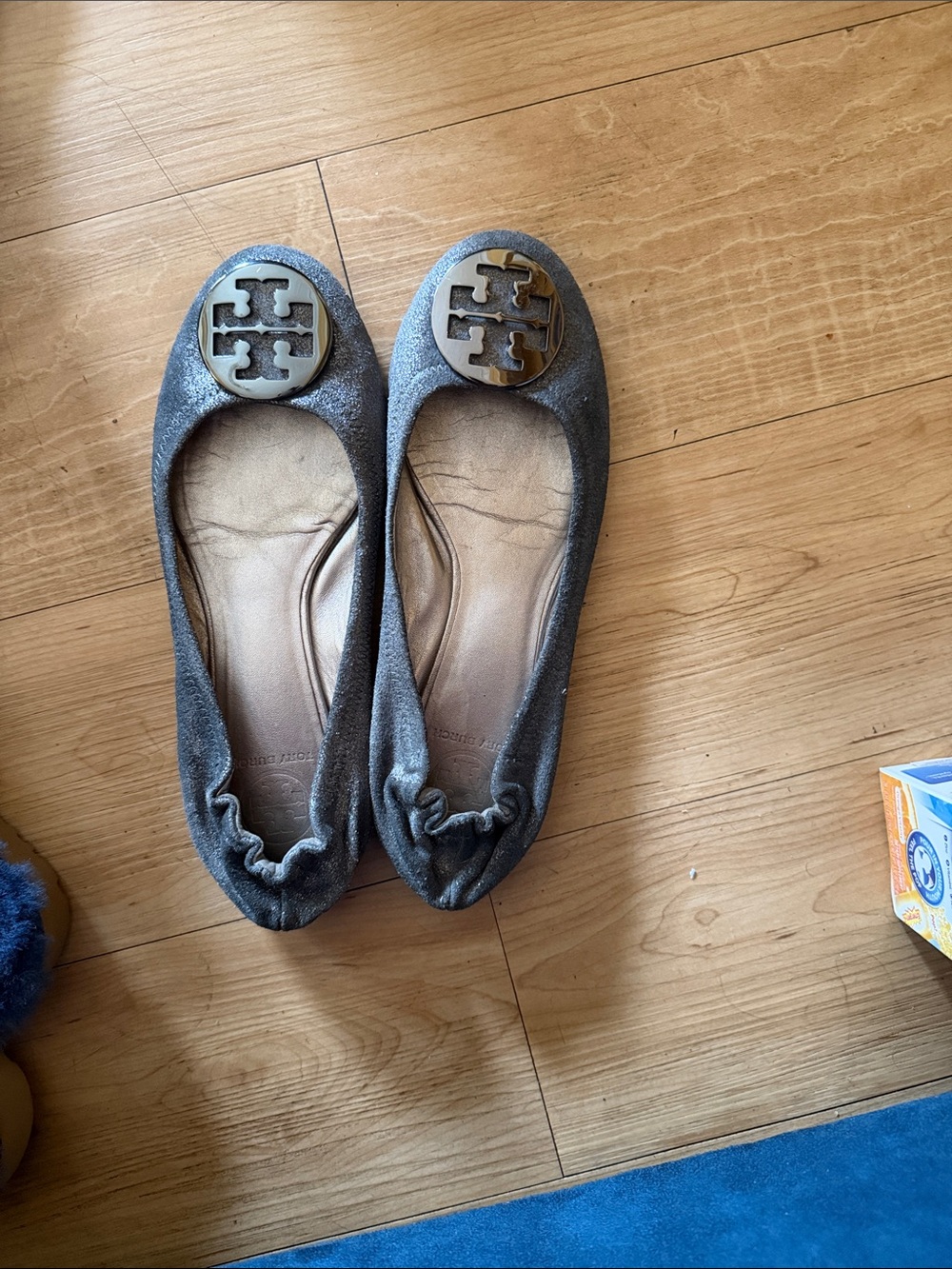 Tory Burch Metallic Charcoal Logo Ballet Flats